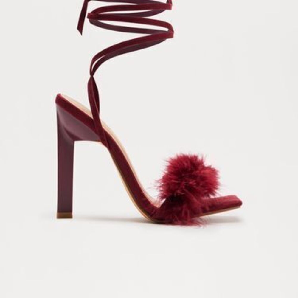 Aubrie Feather Wrap Up Heels - Burgundy - 8.5